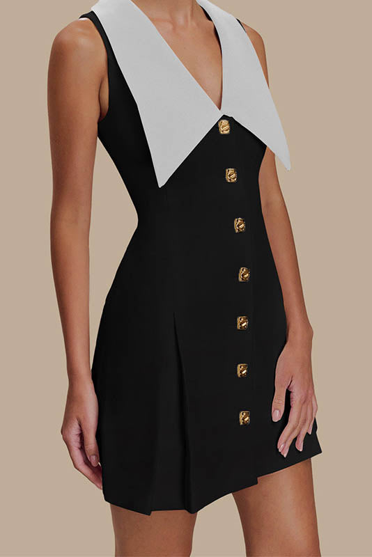 Black - Women's pale yellow sleeveless mini dress featuring an oversized pointed collar, metallic button-down front, and a structured pleated skirt.