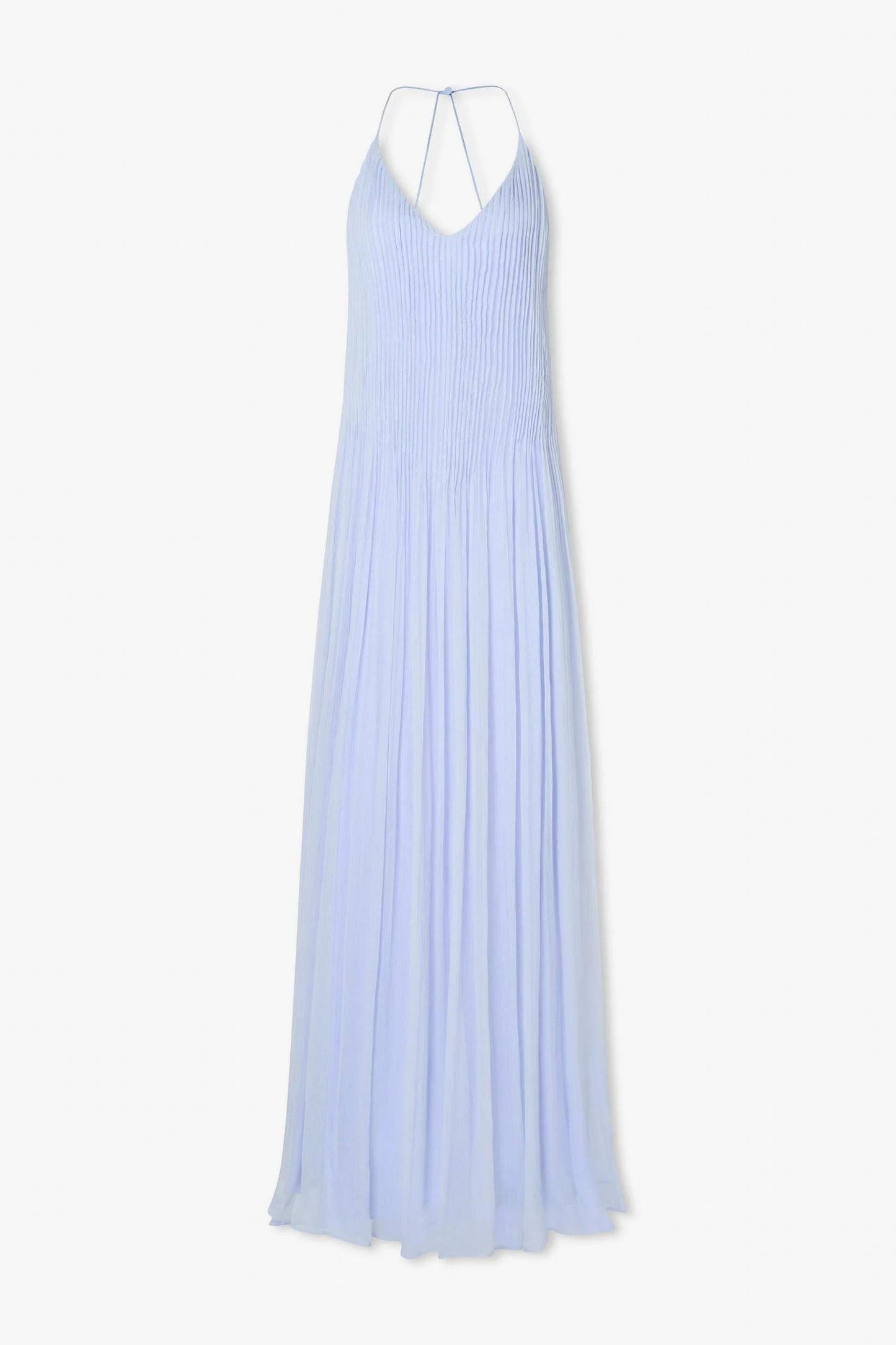 Hydrangea - Front view of a woman modelling a light blue, floor-length pleated maxi dress featuring a V-neckline and thin straps.