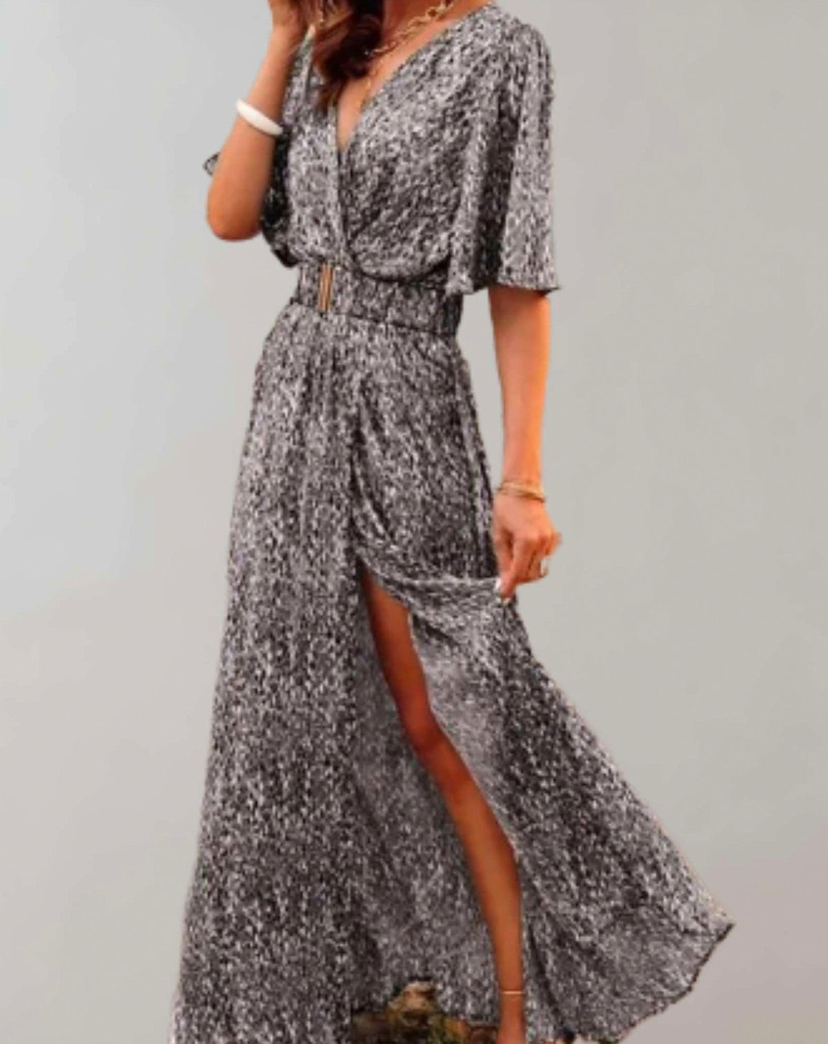 Short Sleeve Abstract Belted Maxi Dress