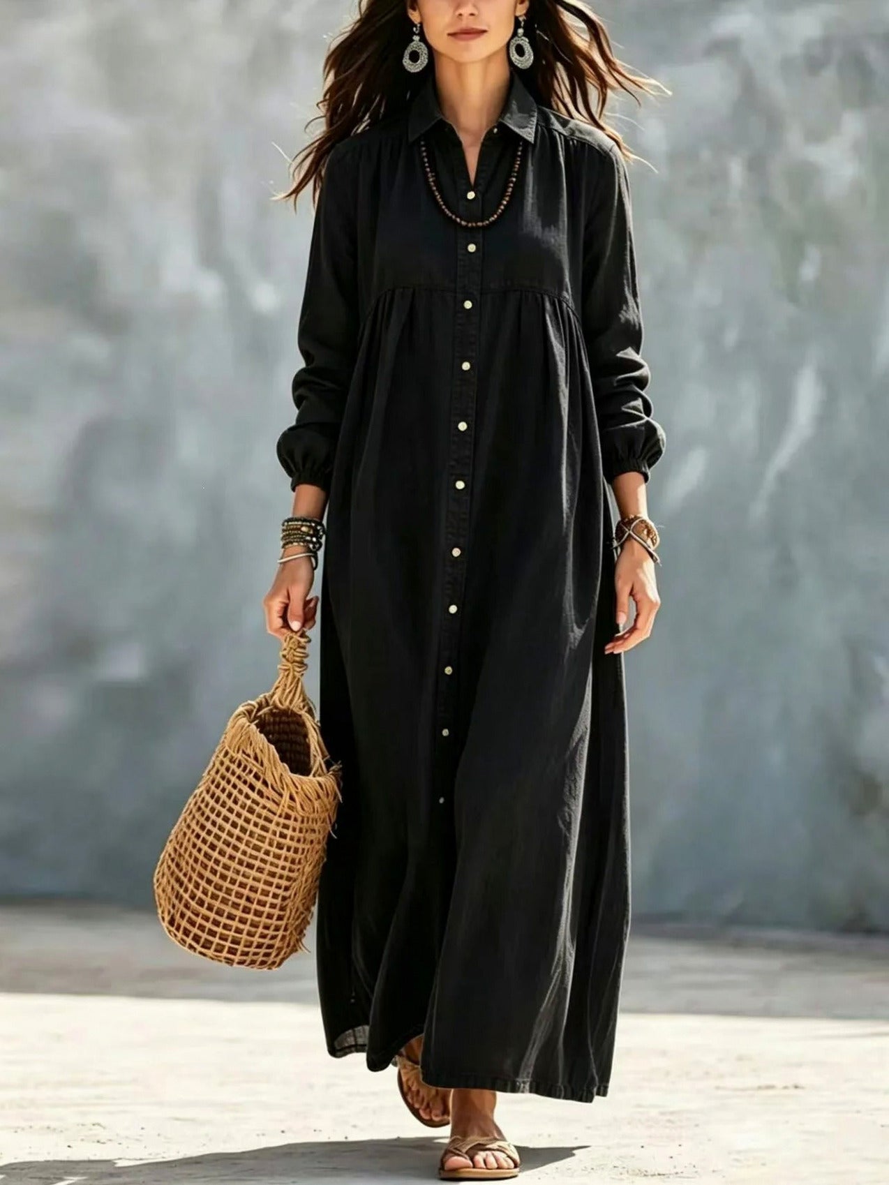 Button Front Maxi Shirt Dress
