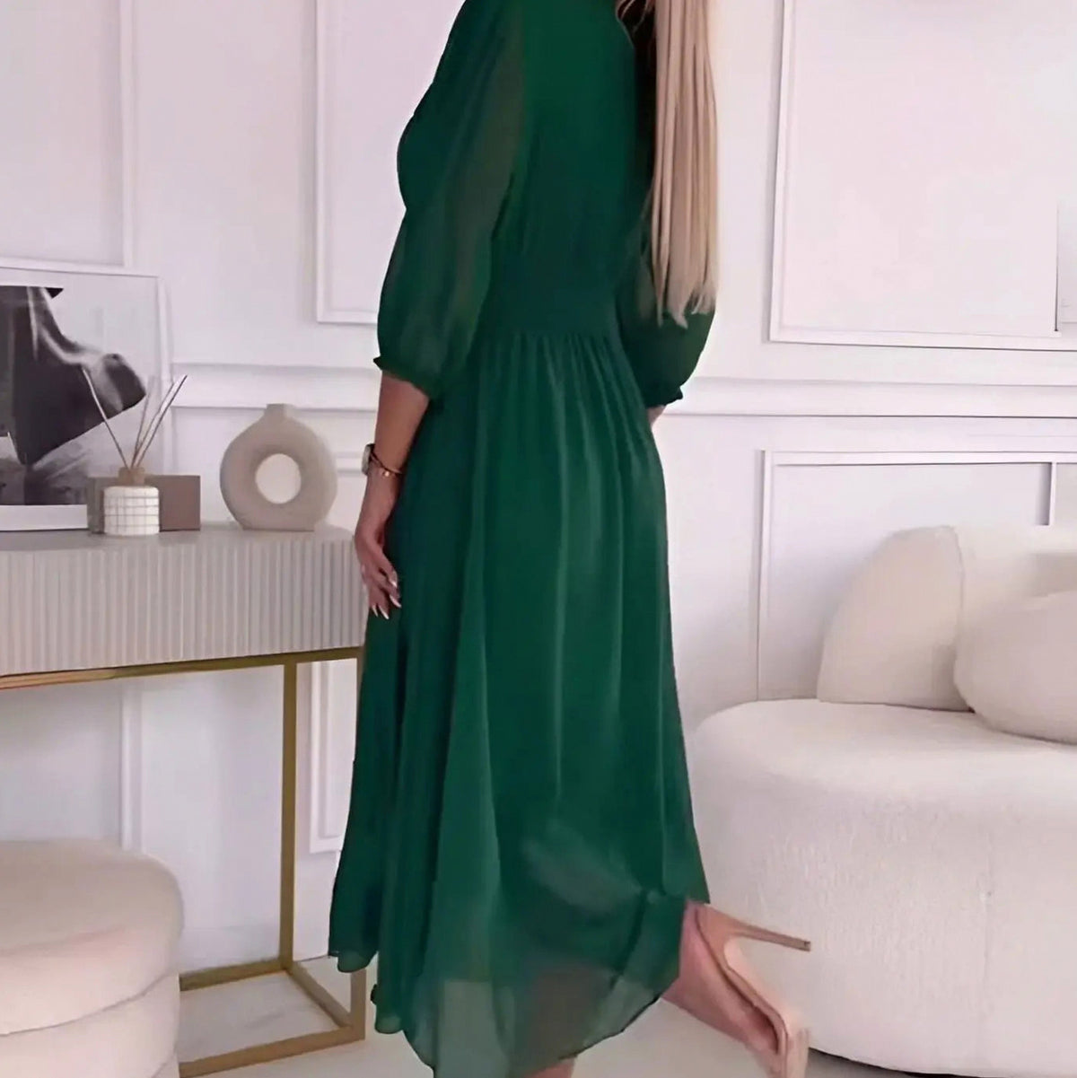 Chiffon Ruched Balloon Sleeve Midi Dress