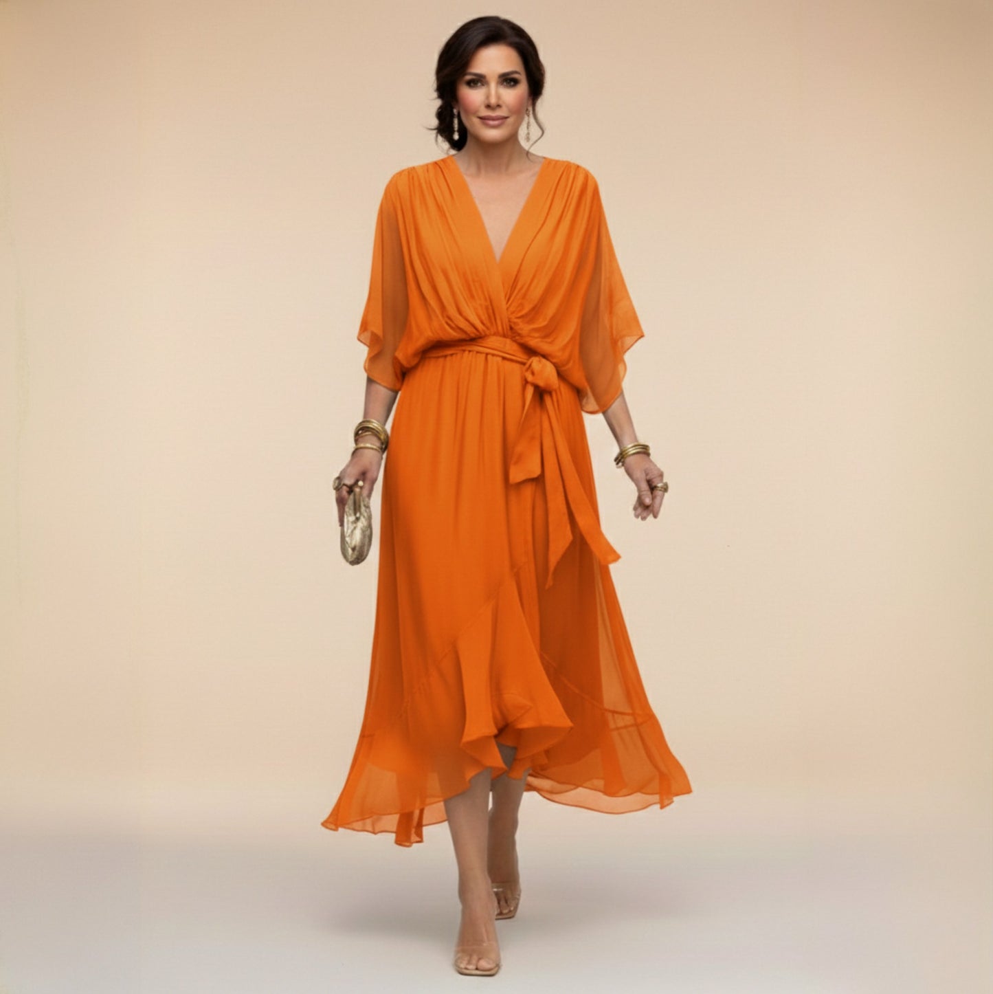 Chiffon Wrap Tie Waist Midi Dress