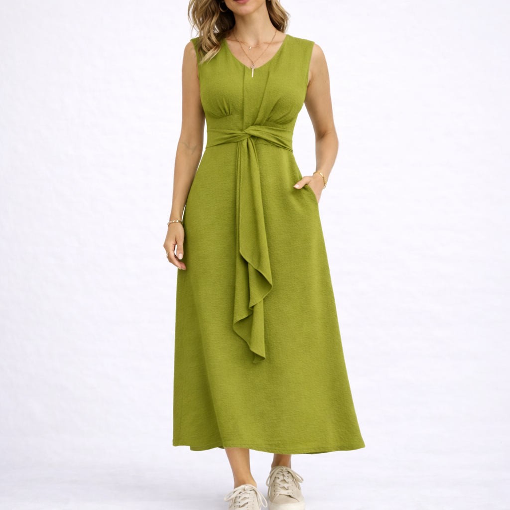 Light green - Sleeveless V-neck midi dress featuring a front knot detail and side pockets, styled with trainers on a white background