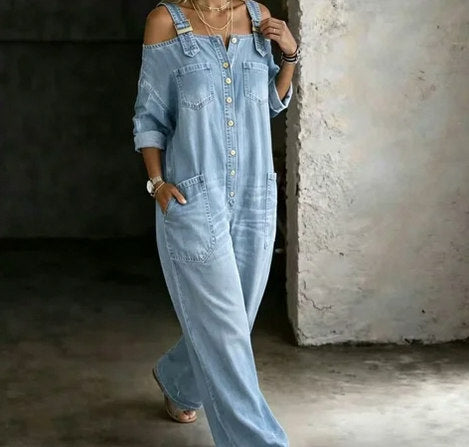 Denim Off Shoulder Wide Leg Jumpsuit