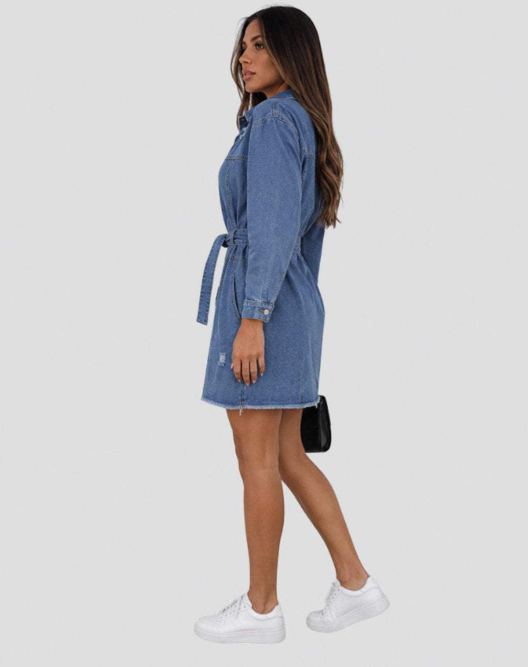 Denim Tie Waist Shirt Mini Dress