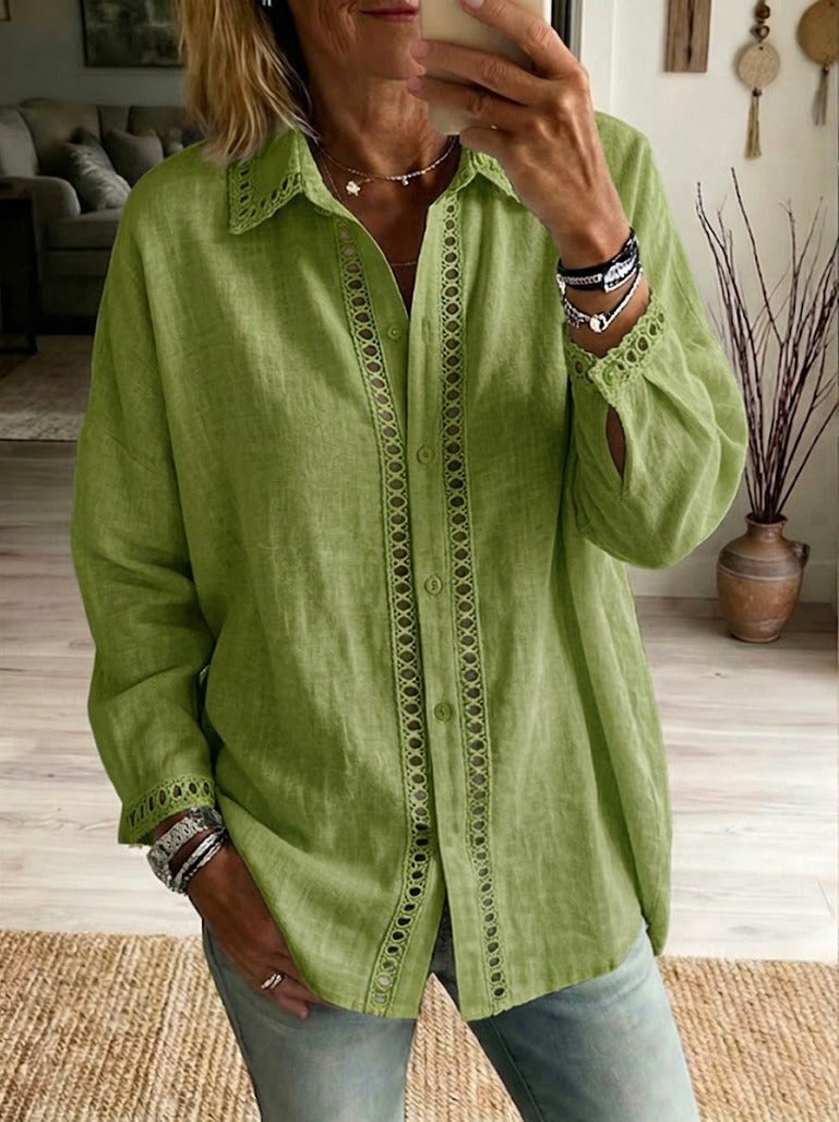 Eyelet Trim Button Front Blouse