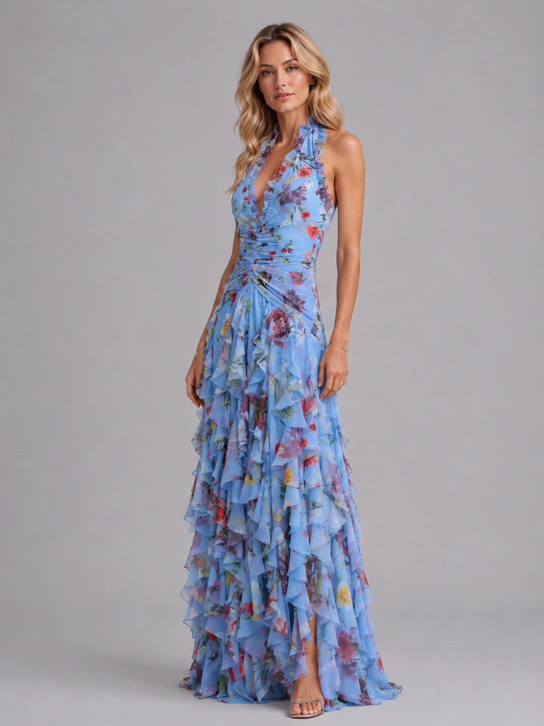 Floral Chiffon Halter Maxi Dress