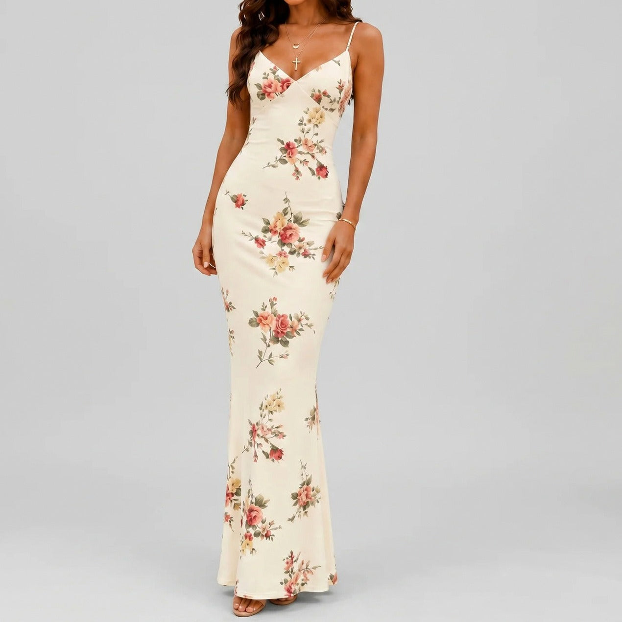 Floral V-Neck Fitted Maxi Dress