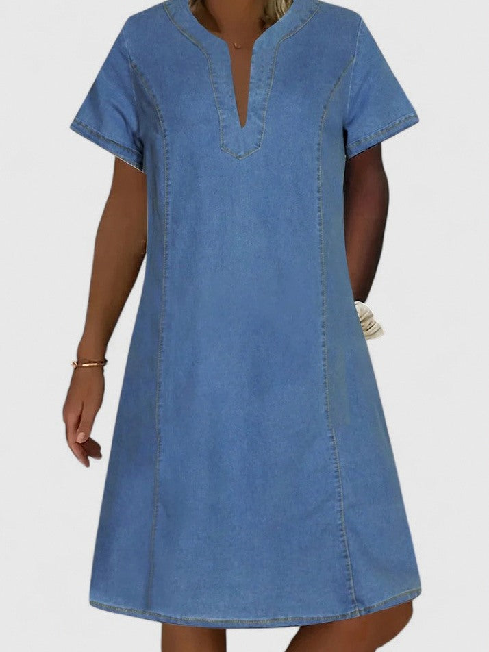 Denim Split Neck Midi Dress