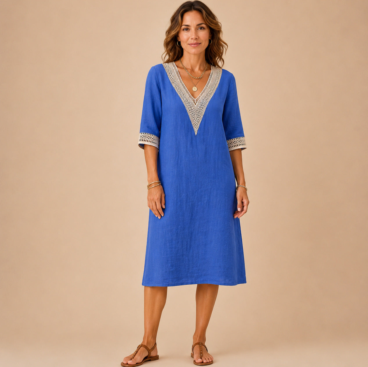 Linen Crochet Trim Midi Dress