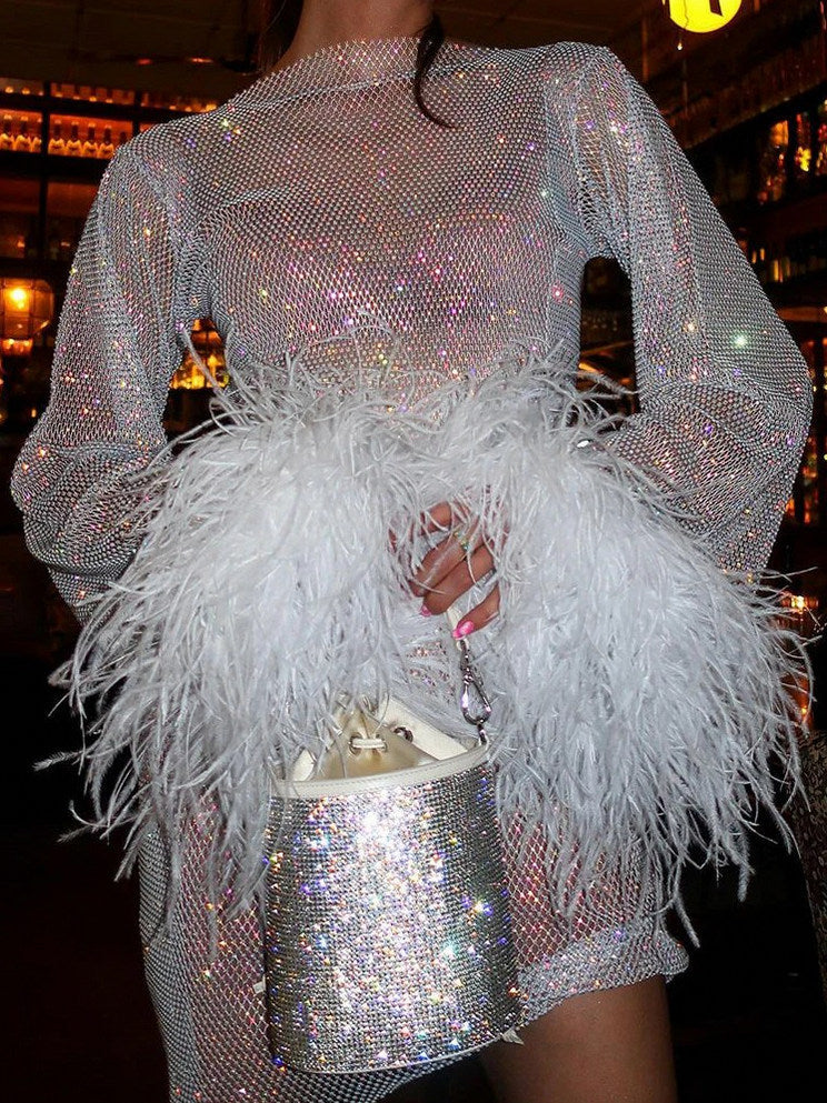 Mesh Sequin Long Sleeve Feather Cuff Mini Dress