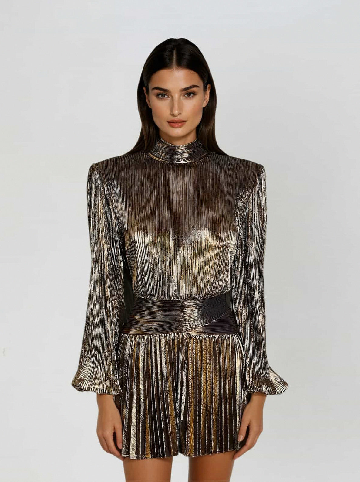 Long Sleeve Pleated Mock Neck Mini Dress