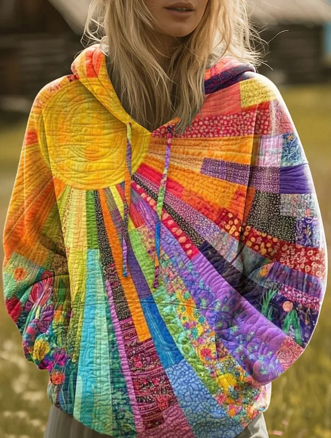 Quilted Geometric Hooded Sweater