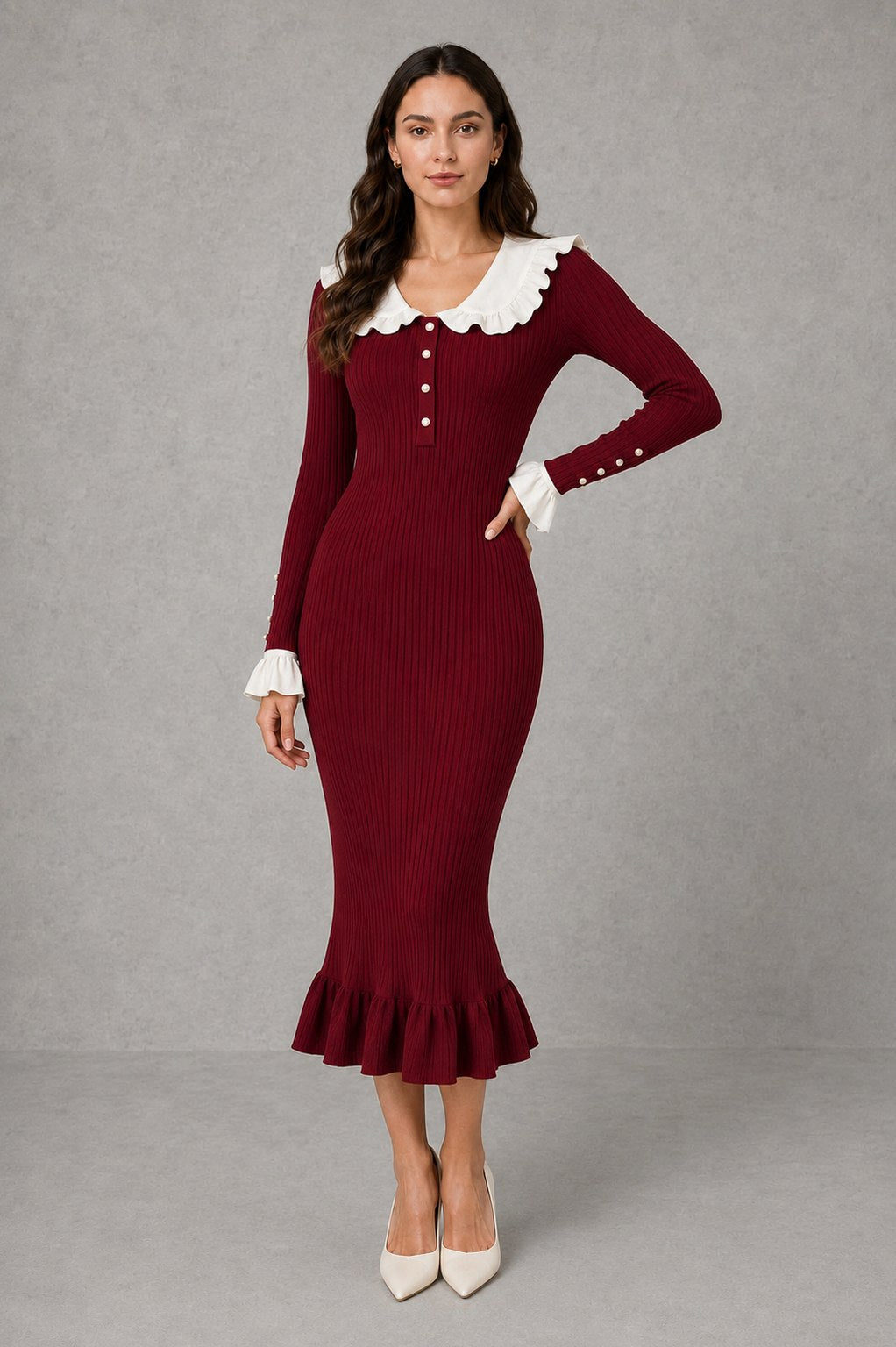 Ruffle Collar Knit Midi Dress