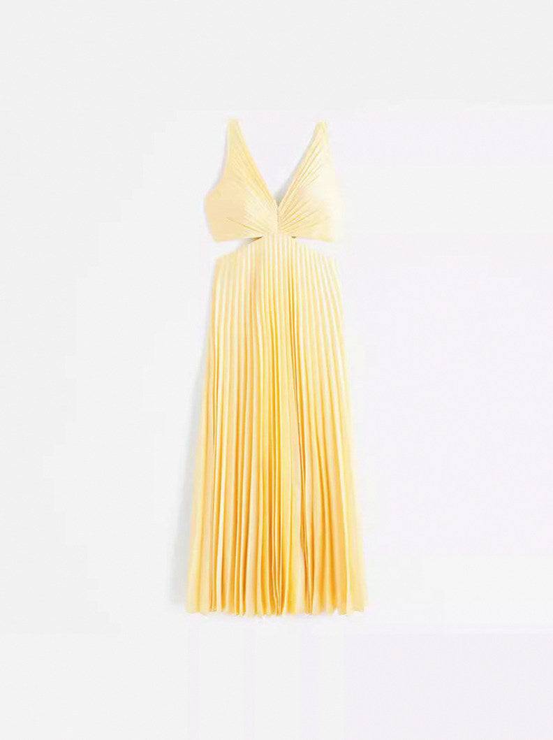 Satin Cutout Pleated Midi Dress
