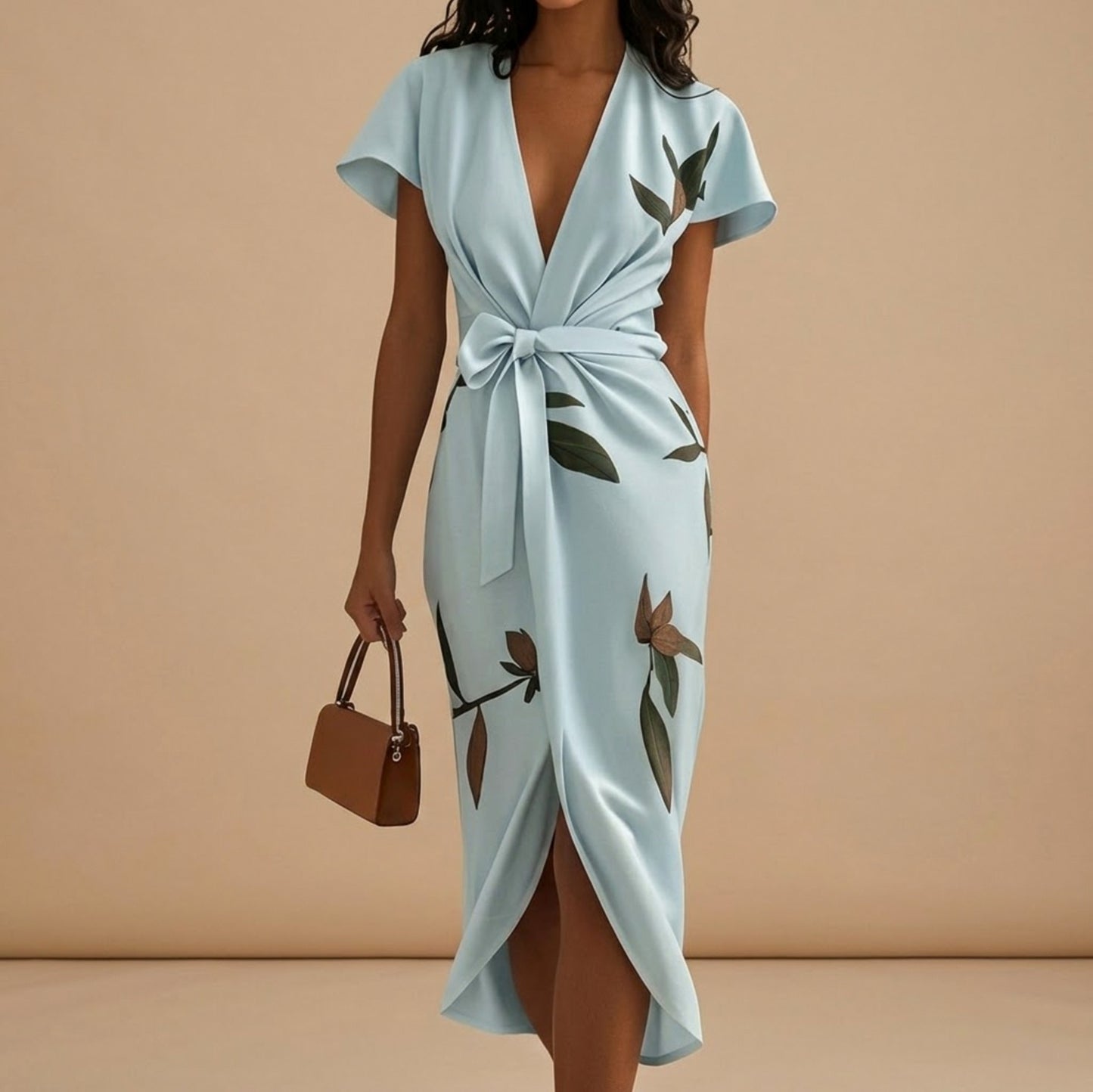 Satin Floral Tie Waist Midi Dress