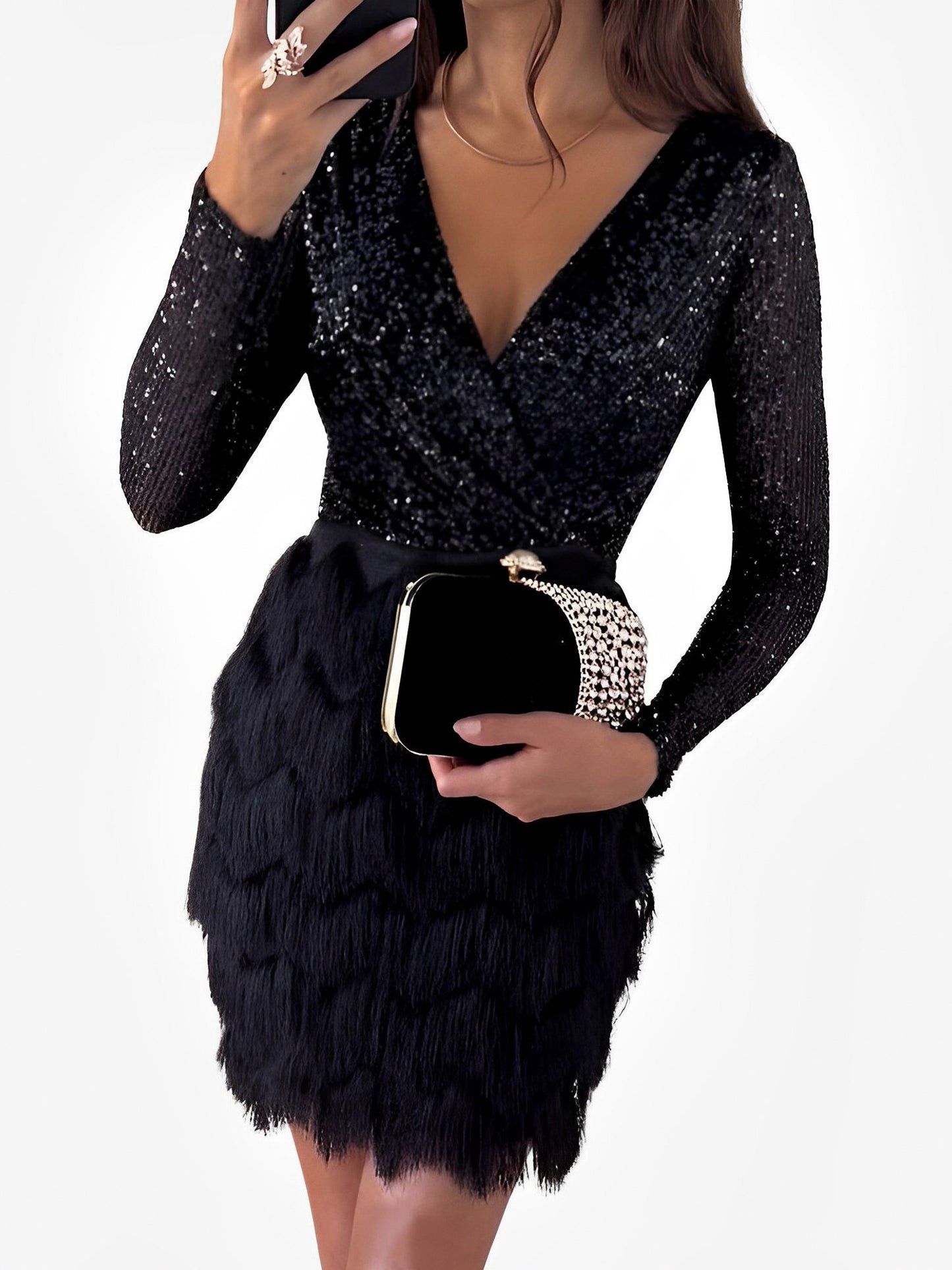 Sequin Long Sleeve Fringe Mini Dress