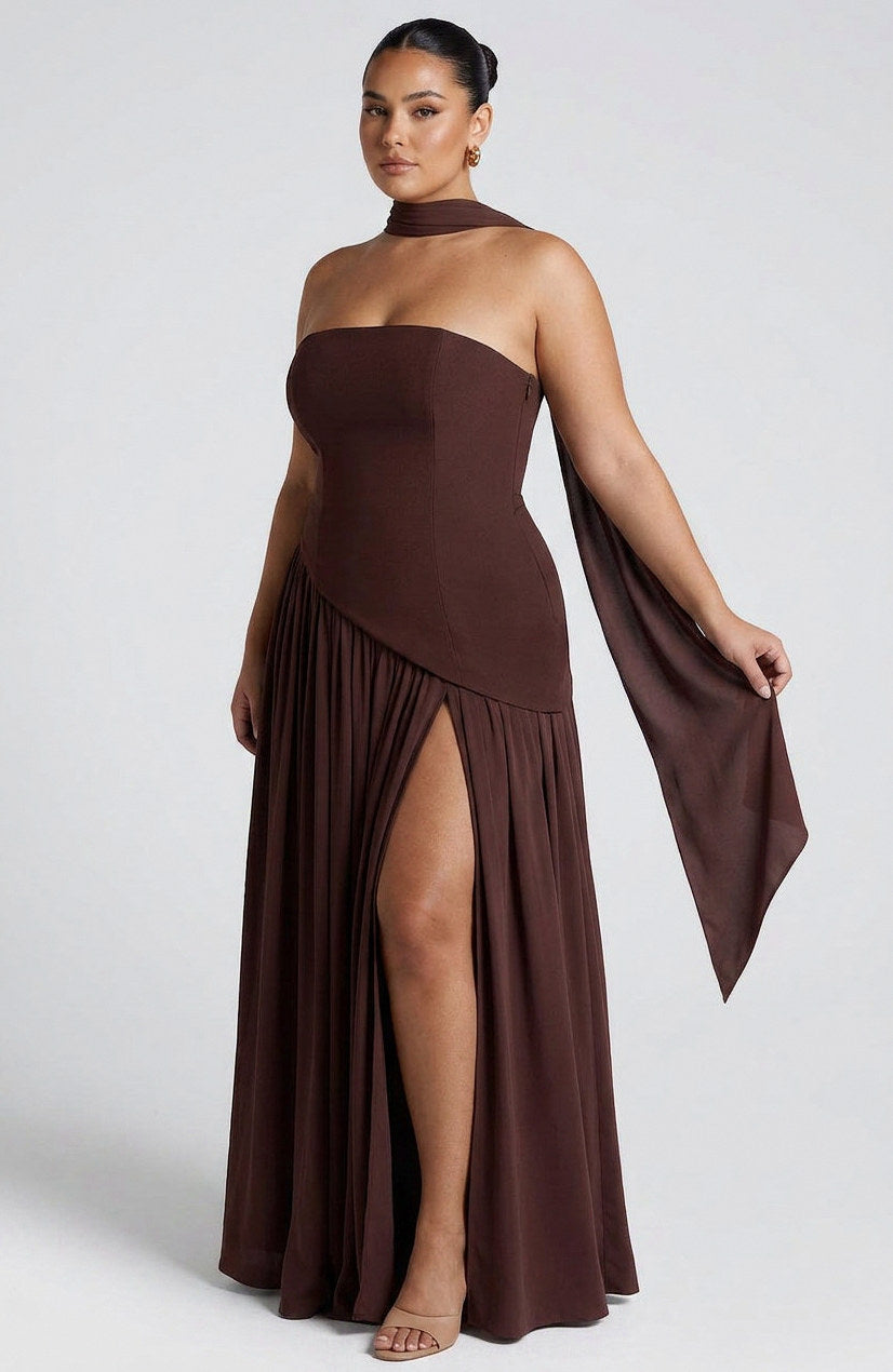 Strapless Drop Waist Pleated Maxi Dress