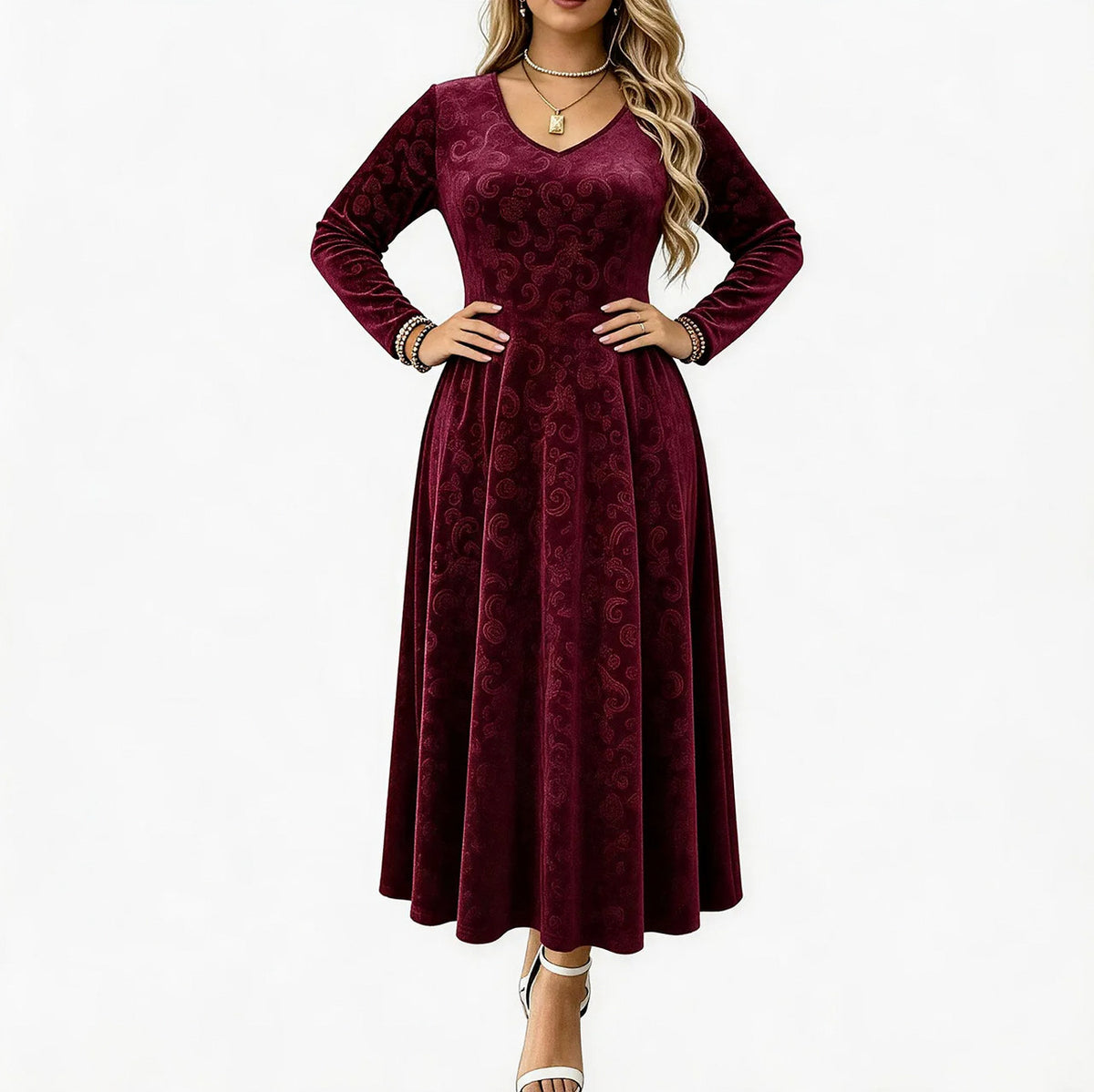 Velvet Long Sleeve Midi Dress