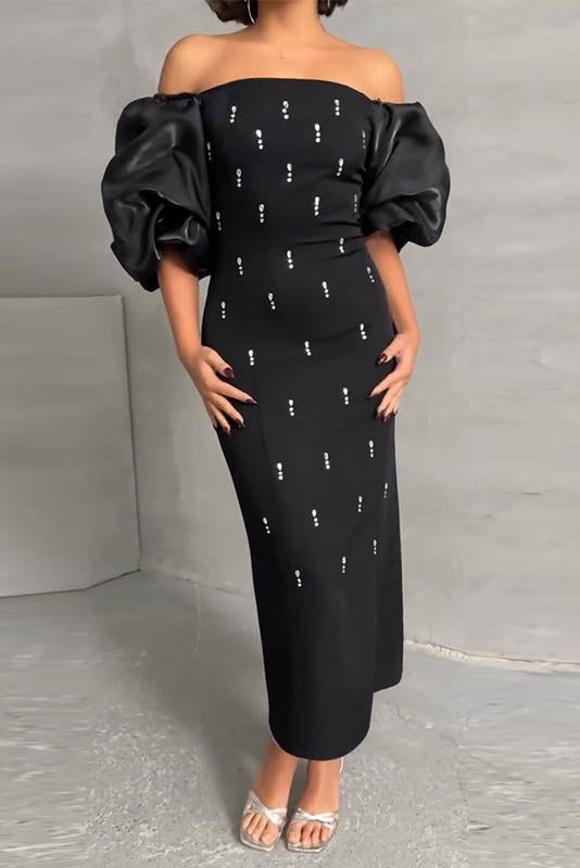Black - A woman wearing an elegant deep red midi dress featuring large, shiny puff sleeves, a square neckline, and scattered pearl-like embellishments, paired with silver heels and a matching clutch.