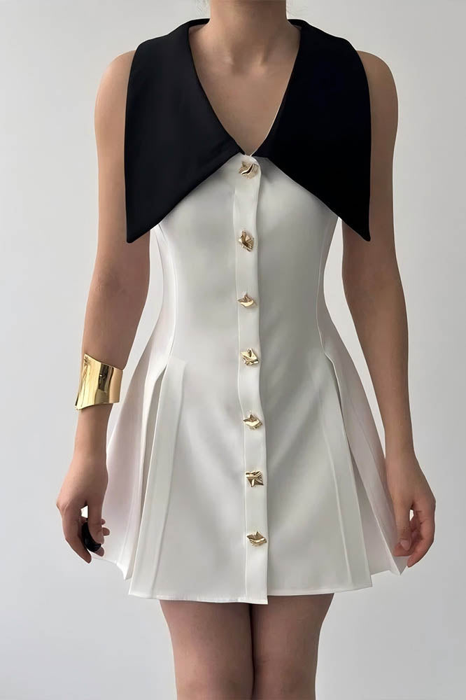 White - Women's pale yellow sleeveless mini dress featuring an oversized pointed collar, metallic button-down front, and a structured pleated skirt.