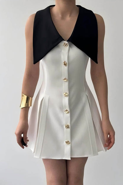 White - Women's pale yellow sleeveless mini dress featuring an oversized pointed collar, metallic button-down front, and a structured pleated skirt.