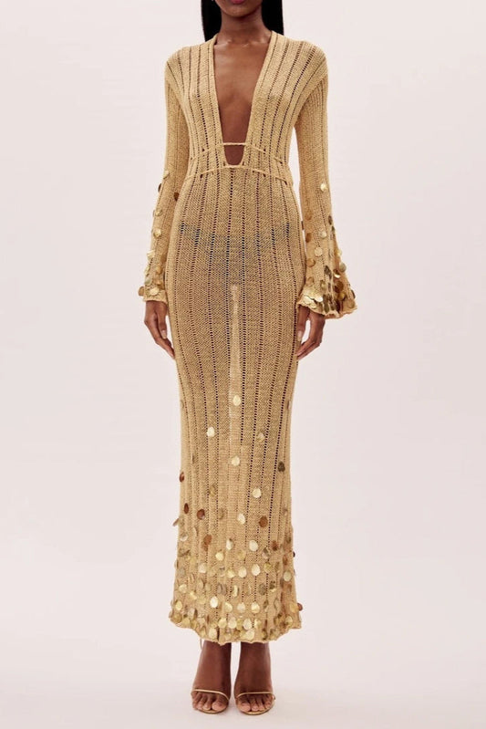 Yellow - Women's long-sleeved crochet maxi dress featuring a deep plunging V-neckline, bell sleeves, and large metallic sequin embellishments at the cuffs and hem.
