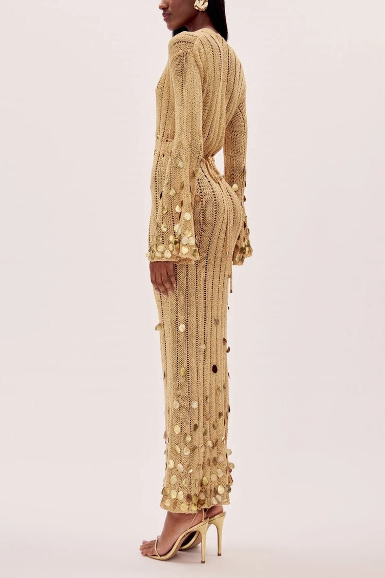 Yellow - Women's long-sleeved crochet maxi dress featuring a deep plunging V-neckline, bell sleeves, and large metallic sequin embellishments at the cuffs and hem.