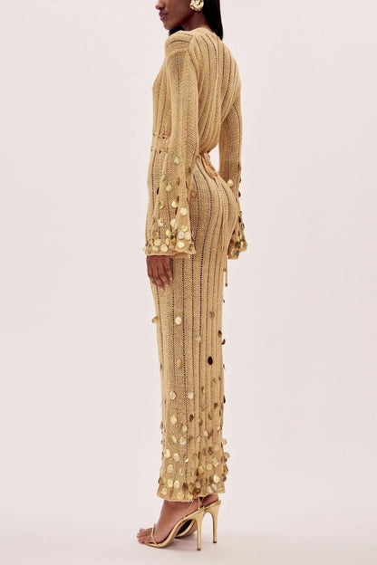 Yellow - Women's long-sleeved crochet maxi dress featuring a deep plunging V-neckline, bell sleeves, and large metallic sequin embellishments at the cuffs and hem.