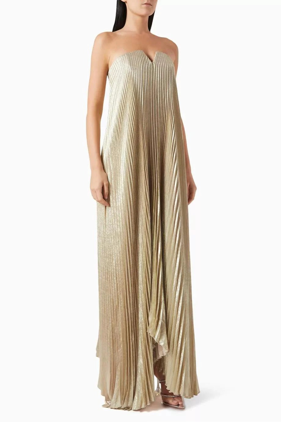 Gold - Women's metallic strapless maxi dress featuring all-over plissé pleats and a V-notch neckline.
