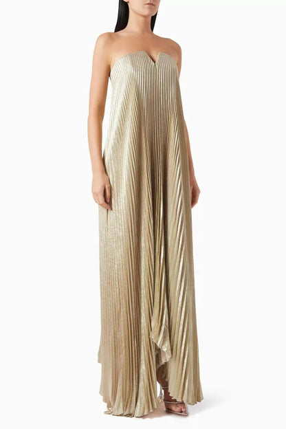 Gold - Women's metallic strapless maxi dress featuring all-over plissé pleats and a V-notch neckline.