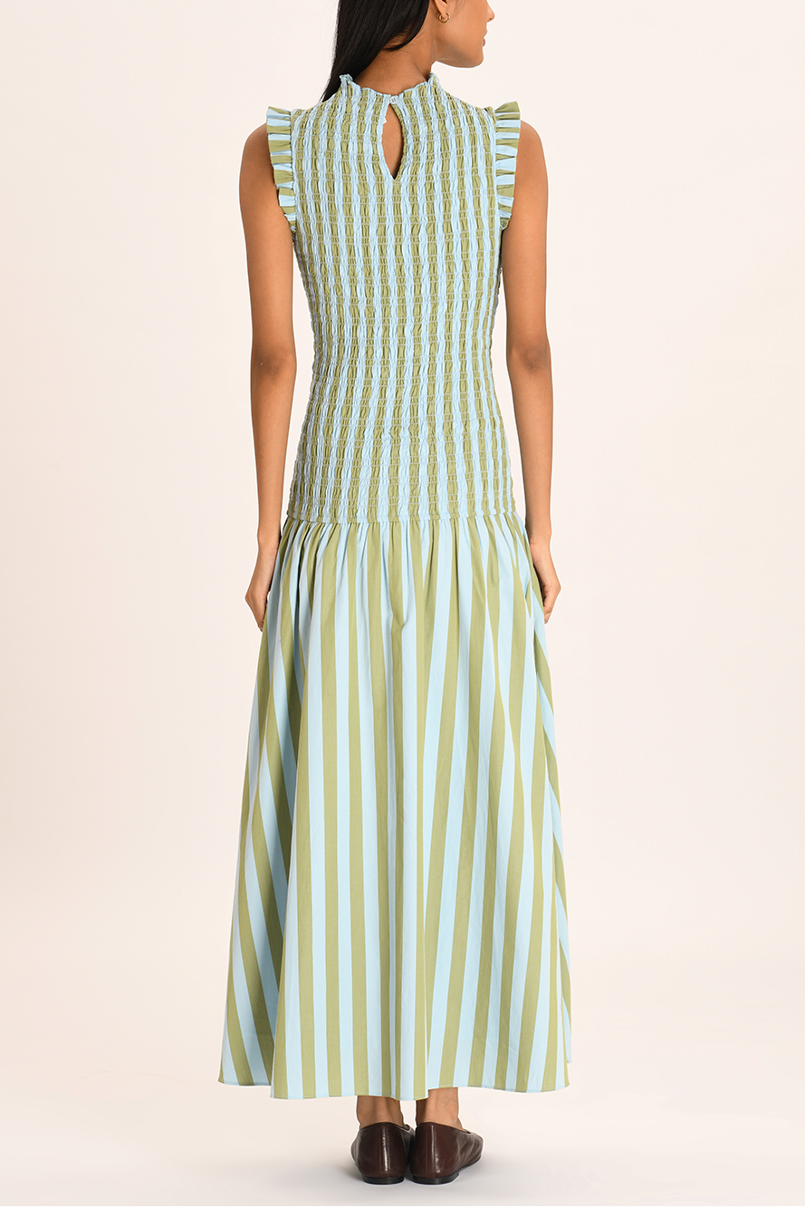 Green - Women's sleeveless maxi dress featuring a high neck, smocked bodice, ruffled shoulders, and a drop-waist gathered skirt in a light blue and olive green vertical stripe pattern.