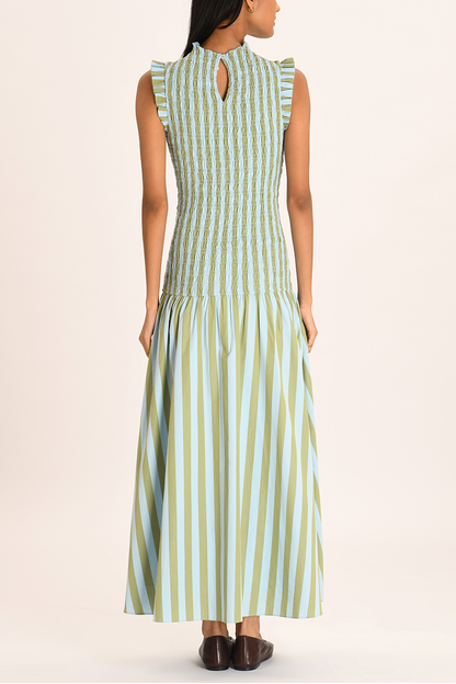 Green - Women's sleeveless maxi dress featuring a high neck, smocked bodice, ruffled shoulders, and a drop-waist gathered skirt in a light blue and olive green vertical stripe pattern.