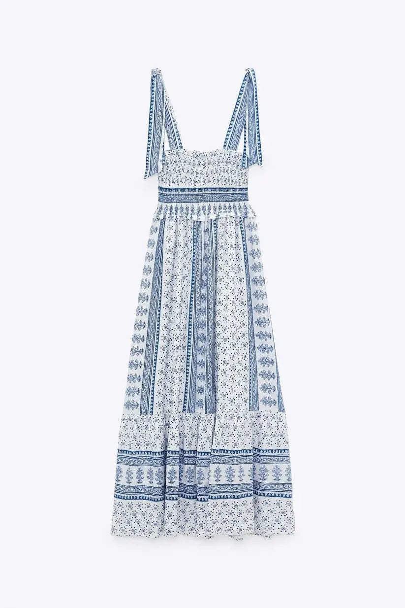 Women's Smocked Tie-Shoulder Midi Dress with a Tile Print