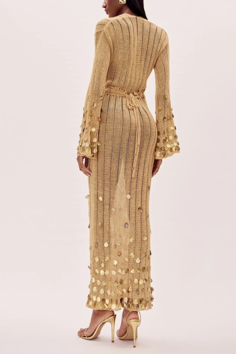 Yellow - Women's long-sleeved crochet maxi dress featuring a deep plunging V-neckline, bell sleeves, and large metallic sequin embellishments at the cuffs and hem.