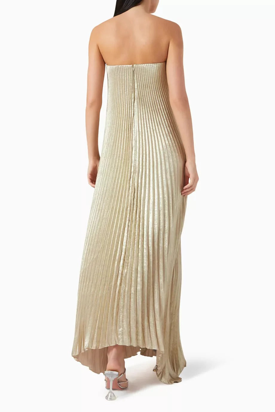 Gold - Women's metallic strapless maxi dress featuring all-over plissé pleats and a V-notch neckline.