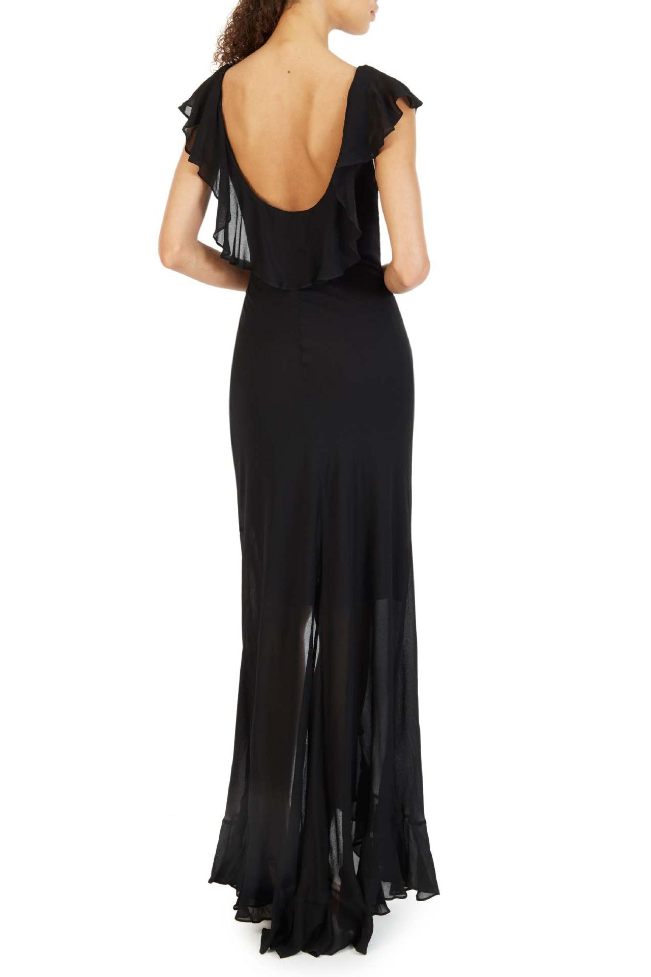 Orange - A woman models an elegant, flowing maxi dress featuring a bold floral print, plunging V-neckline, cascading ruffle details down the front, and a high thigh slit.