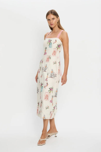 Multi-colored - Women's midi-length column dress in cream featuring a vintage botanical stamp print, square neckline, and wide pink shoulder straps.