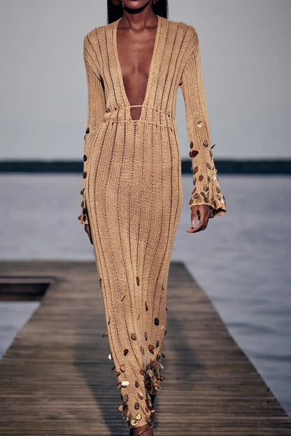 Yellow - Women's long-sleeved crochet maxi dress featuring a deep plunging V-neckline, bell sleeves, and large metallic sequin embellishments at the cuffs and hem.