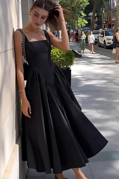 Black - A woman walking outdoors wearing an elegant black sleeveless midi dress featuring a square neckline, fitted bodice, and a full gathered skirt with a dropped waist.