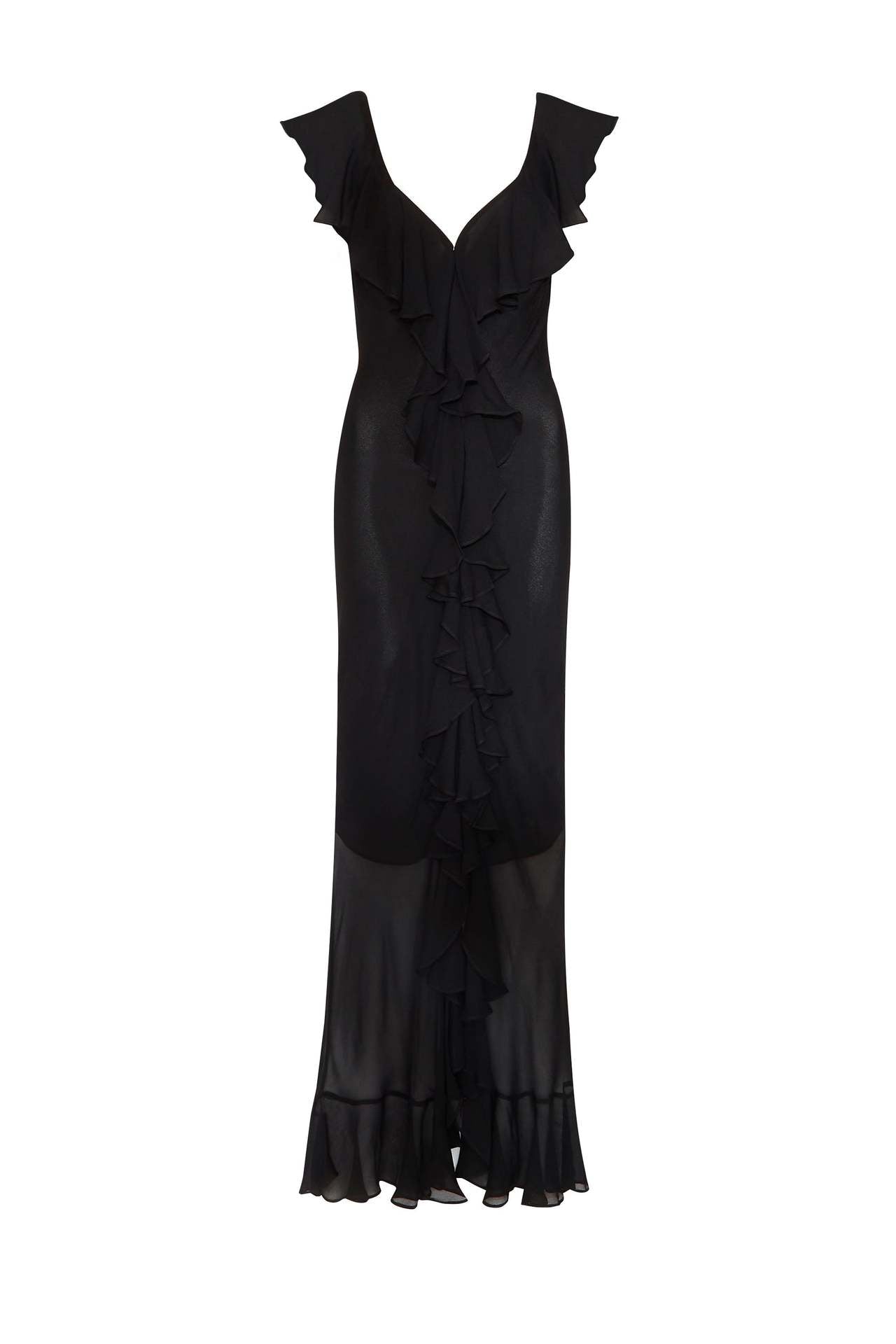 Black - A woman models an elegant, flowing maxi dress featuring a bold floral print, plunging V-neckline, cascading ruffle details down the front, and a high thigh slit.