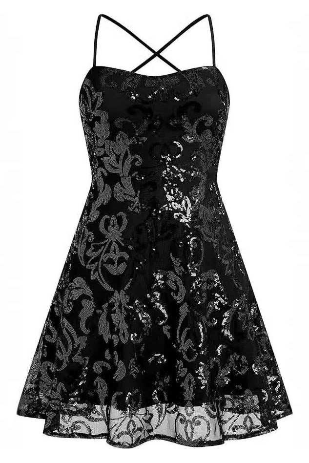 Black - Full-length view of a model wearing a black A-line mini dress with spaghetti straps and a square neckline, featuring an all-over black sequin baroque pattern.