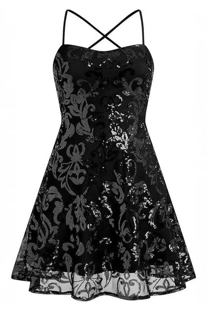 Black - Full-length view of a model wearing a black A-line mini dress with spaghetti straps and a square neckline, featuring an all-over black sequin baroque pattern.