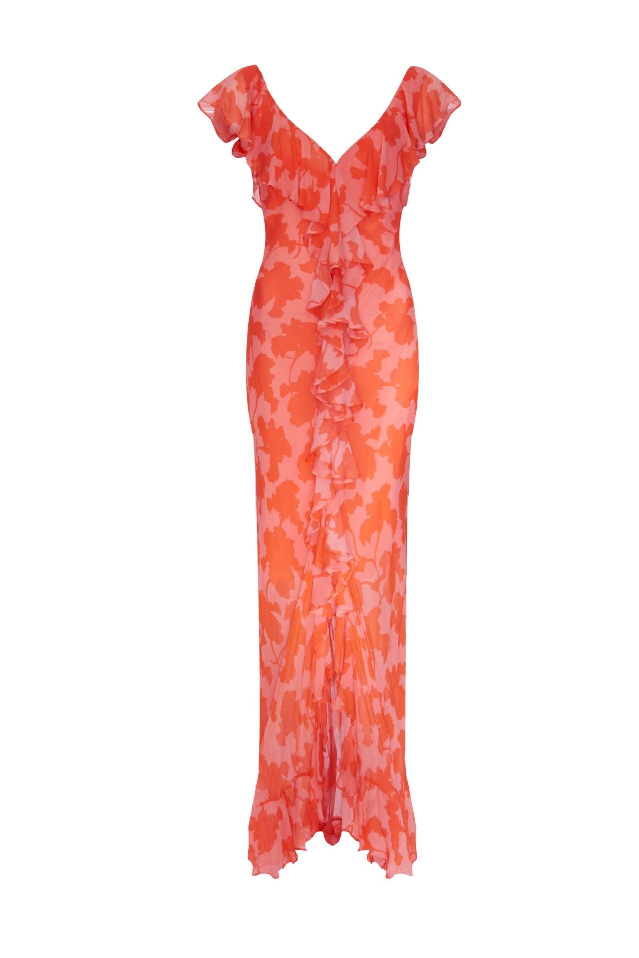 Orange - A woman models an elegant, flowing maxi dress featuring a bold floral print, plunging V-neckline, cascading ruffle details down the front, and a high thigh slit.