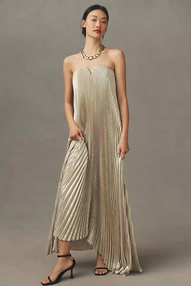 Gold - Women's metallic strapless maxi dress featuring all-over plissé pleats and a V-notch neckline.