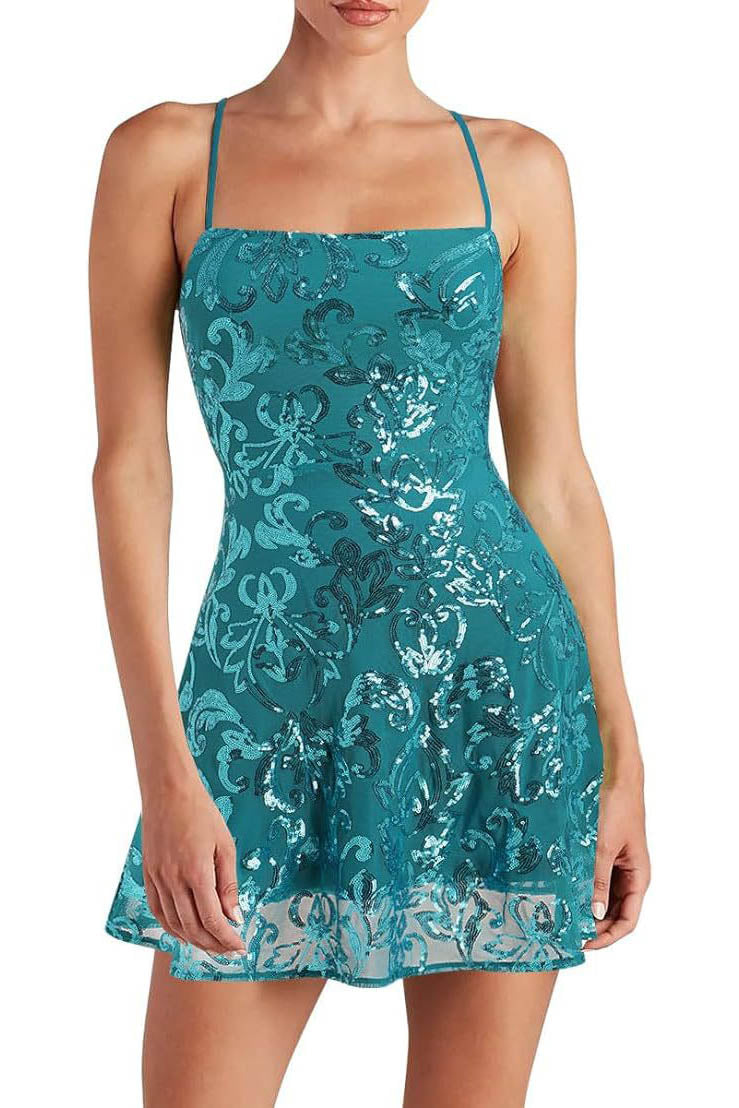 Blue - Full-length view of a model wearing a black A-line mini dress with spaghetti straps and a square neckline, featuring an all-over black sequin baroque pattern.