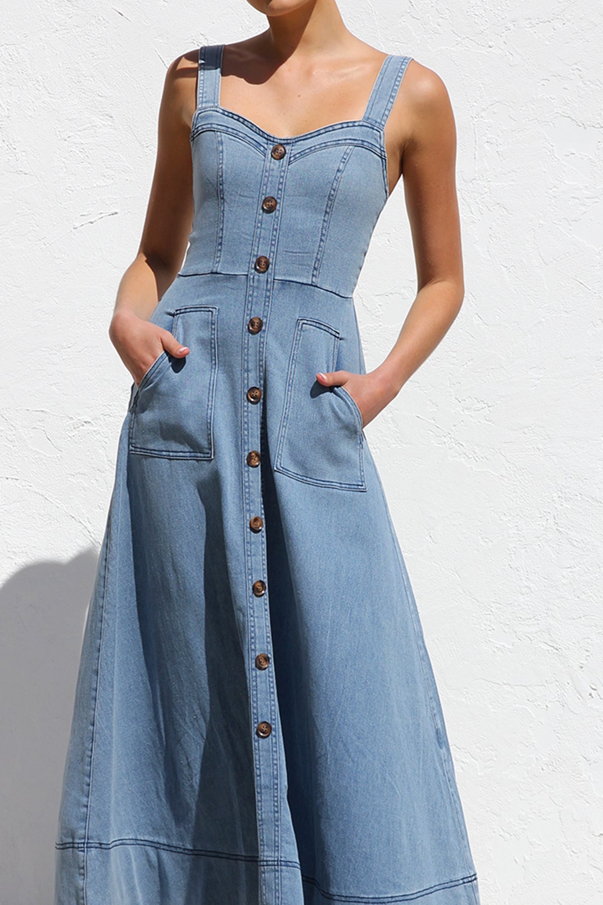 Blue - Women's blue structured midi dress featuring a full button-front, wide straps, sweetheart neckline, and front patch pockets.