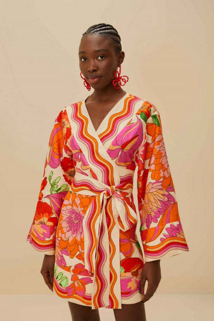 Red - Women's mini wrap dress featuring a vibrant, retro-inspired floral and wavy stripe print, complete with wide kimono sleeves and a self-tie waist belt.