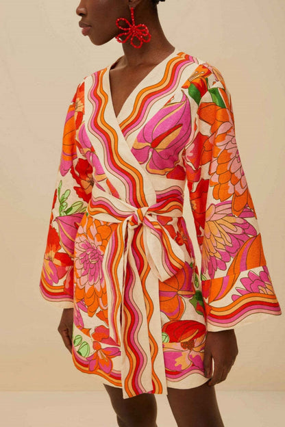 Red - Women's mini wrap dress featuring a vibrant, retro-inspired floral and wavy stripe print, complete with wide kimono sleeves and a self-tie waist belt.