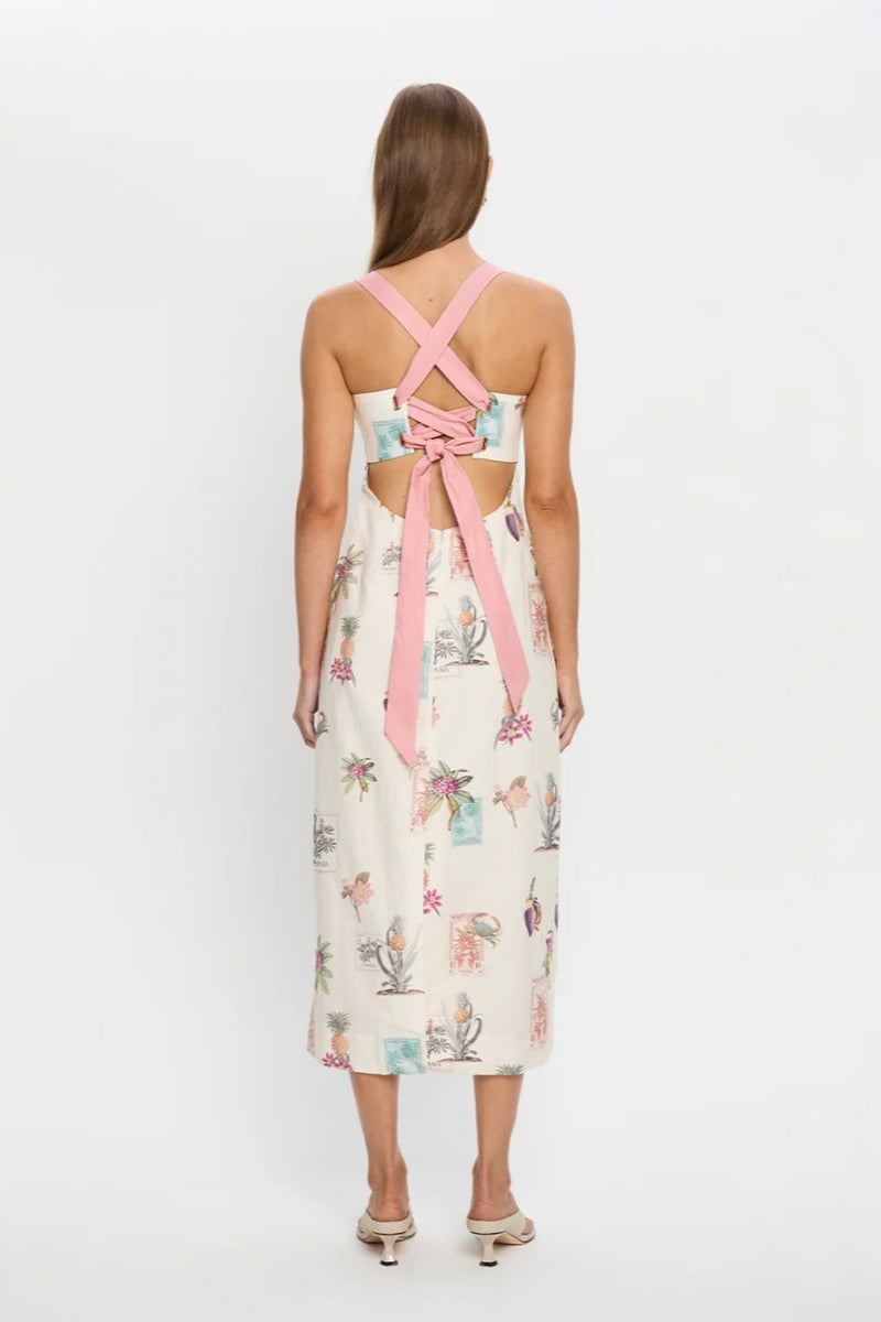 Multi-colored - Women's midi-length column dress in cream featuring a vintage botanical stamp print, square neckline, and wide pink shoulder straps.